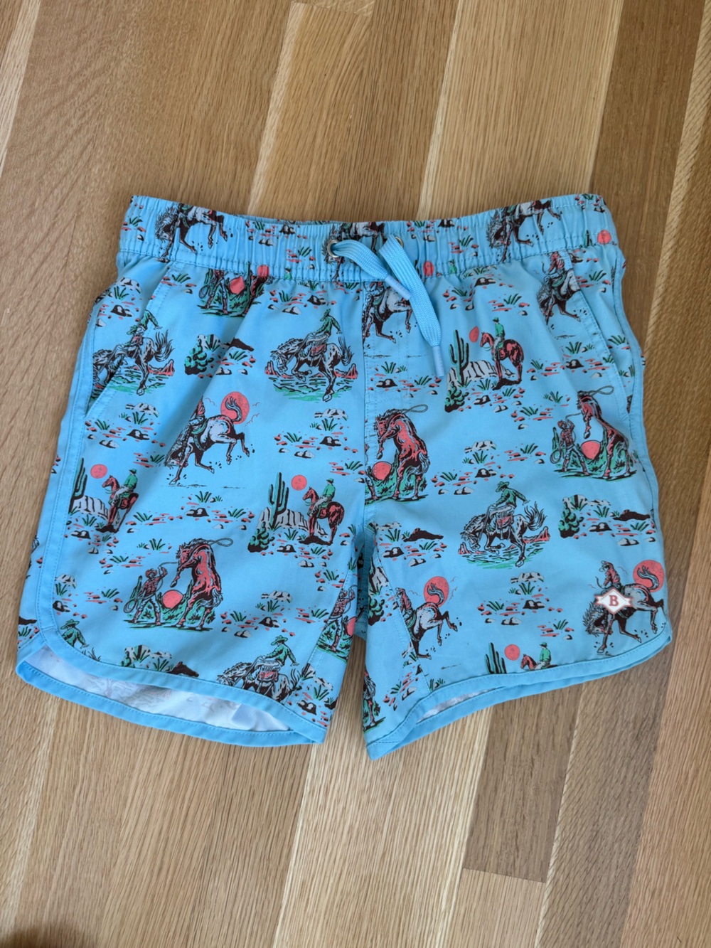 BURLEBO Turquoise Western Horse Print Drawstring swim trunks